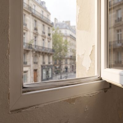 Joint d'étanchéité aplati et décollé au bas d'un ouvrant de fenêtre