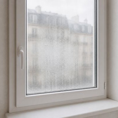 Condensation et buée sur le vitrage d'une fenêtre PVC signalant un double vitrage défaillant