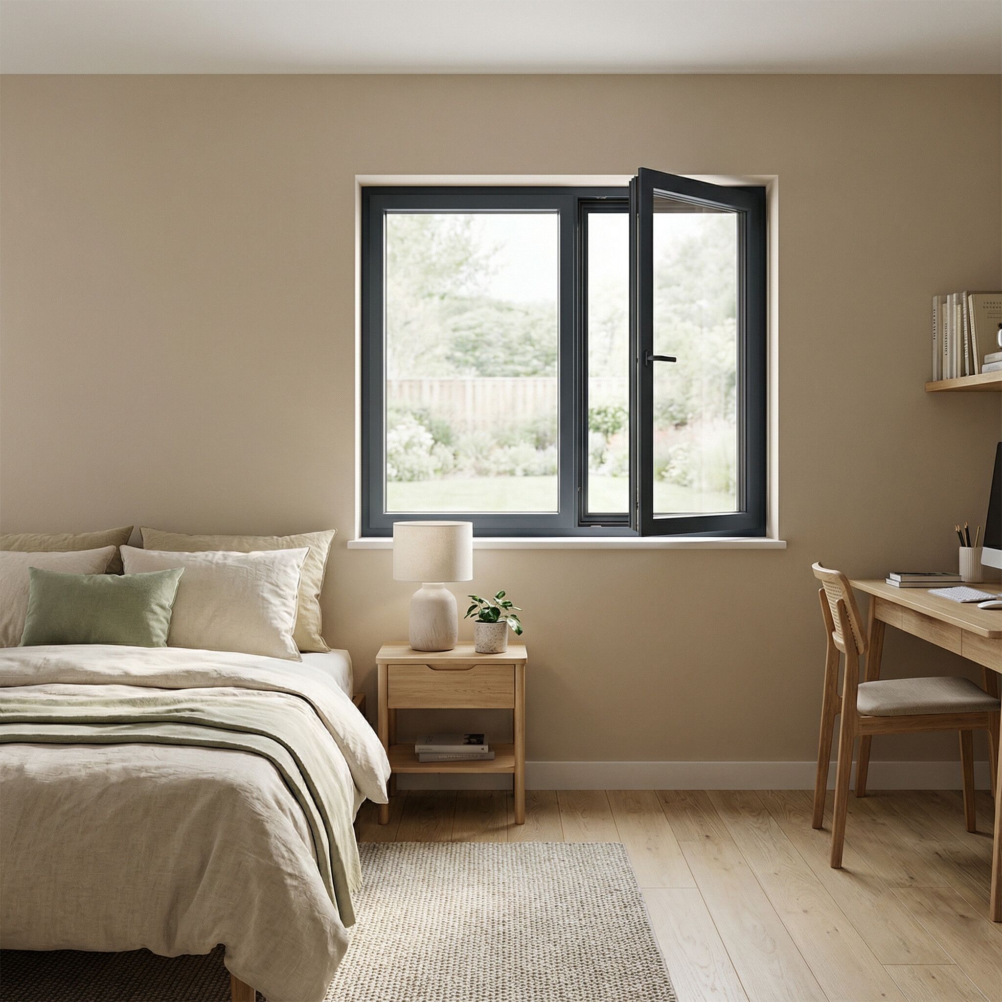 Fenêtre aluminium anthracite à deux vantaux dans une chambre