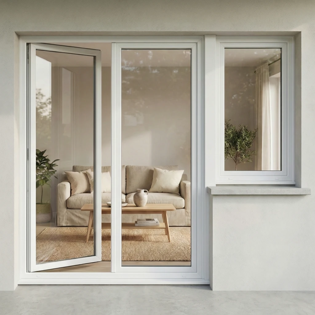 Porte-fenêtre blanche à deux vantaux donnant sur un salon